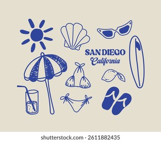 Vintage typography motivational slogan print with retro hand drawn summer beach club vacation elements illustration for graphic tee t shirt or poster sticker - Vector