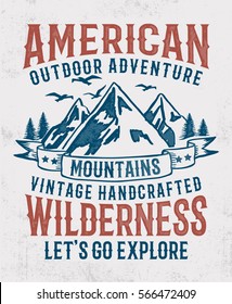 Vintage typography with mountain illustration, Outdoor adventure . 