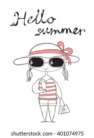  Vintage typography poster with super stylish girl. Trendy hipster style card design, t-shirt print
