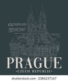 Vintage typography prague city czech republic text slogan print with hand drawing church illustration for graphic tee t shirt - sweatshirt or poster - Vector