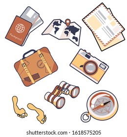 Vintage typography print design colourful travel stickers compass footprints suitcase map camera passport binoculars postcard holiday trip white isolated stock vector illustration