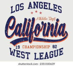 Variedad de la universidad de retro de tipografía de época California con la impresión de slogan de Los Ángeles con efecto de grunge para camiseta o sudadera gráfica - Vector