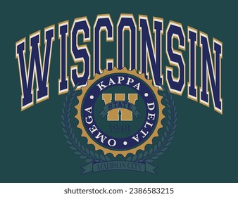 Vintage typography retro varsity college wisconsin state madison city slogan print with emblem illustration for graphic tee t shirt or sweatshirt hoodie - Vector