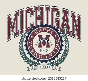 Vintage typography retro varsity college michigan state detroit city slogan print with emblem illustration for graphic tee t shirt or sweatshirt hoodie - Vector