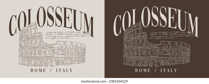 Vintage typography rome city text slogan print with hand drawing ancient colosseum illustration for graphic tee t shirt - sweatshirt or poster - Vector