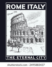 Vintage typography rome city text slogan print,  illustration isolated on black background. illustration for graphic tee t shirt - sweatshirt or poster - Vector.  a famous tourist landmark. 