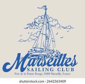 Vintage tipografia vela frança riviera francesa cote d'azur iate clube slogan imprimir com desenho à mão veleiro retro ilustração para T t-shirt gráfica ou cartaz - Vetor