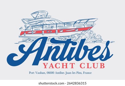 Vintage tipografia vela frança riviera francesa cote d'azur iate clube slogan imprimir com desenho à mão ilustração retro para T t-shirt gráfica ou cartaz - Vetor