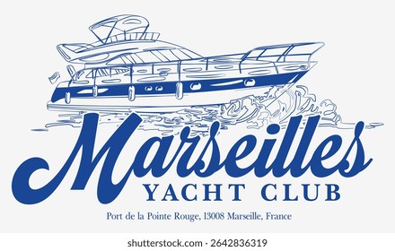 Vintage tipografia vela frança riviera francesa cote d'azur iate clube slogan imprimir com desenho à mão ilustração retro para T t-shirt gráfica ou cartaz - Vetor
