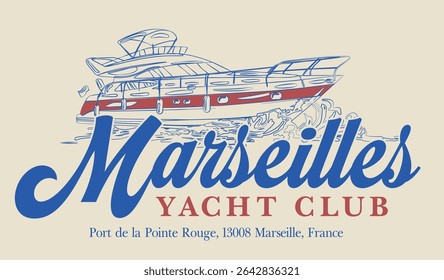 Vintage tipografia vela frança riviera francesa cote d'azur iate clube slogan imprimir com desenho à mão ilustração retro para T t-shirt gráfica ou cartaz - Vetor