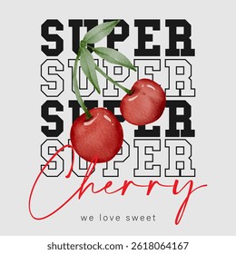 Vintage typography slogan groovy cherry illustration print with retro hand drawn cherries for graphic tee t shirt or poster sticker - Vector