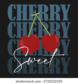 Antiguas typography slogan groovy cherry ilustración impresión con cerezas dibujadas a mano retro y estrellas para camiseta gráfica o etiqueta engomada del cartel - Vector