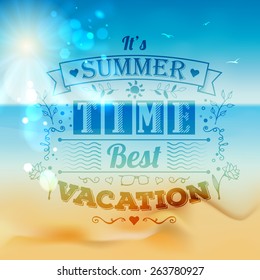 Vintage typography summer design with floral ornaments and patterns. Summer holidays and vacation. Summer landscape with beach, blue sky, sunshine and the sea