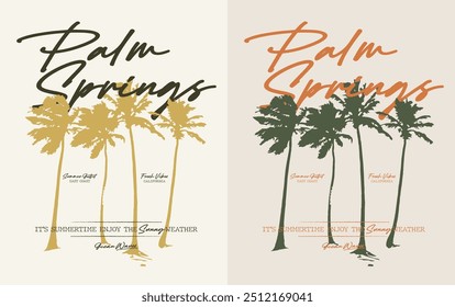 Vintage typography summer palm trees beach illustration with palm springs california slogan print for graphic tee t shirt or sweatshirt poster - Vector