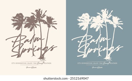 Antiguas tipografía verano palmeras playa ilustración con palm springs california slogan print para camiseta gráfica o sudadera cartel - Vector