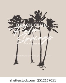 Vintage typography summer palm trees beach illustration with palm springs california slogan print for graphic tee t shirt or sweatshirt poster - Vector