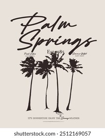 Antiguas tipografía verano palmeras playa ilustración con palm springs california slogan print para camiseta gráfica o sudadera cartel - Vector