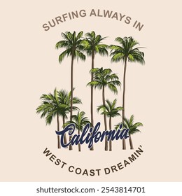 Vintage typography summer palm trees beach illustration with palm springs california slogan print for graphic tee t shirt or sweatshirt poster - Vector