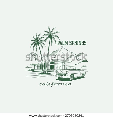 Vintage typography summer palm trees beach illustration with palm springs california slogan print for graphic tee t shirt or sweatshirt poster - Vector
