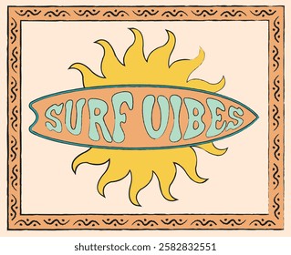 Vintage typography surf vibes slogan print with summer element sun and surfer board for graphic tee t shirt or poster sticker - Vector