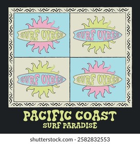 Vintage typography surf vibes slogan print with summer element sun and surfer board for graphic tee t shirt or poster sticker - Vector