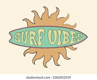 Vintage typography surf vibes slogan print with summer element sun and surfer board for graphic tee t shirt or poster sticker - Vector