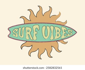 Vintage typography surf vibes slogan print with summer element sun and surfer board for graphic tee t shirt or poster sticker - Vector