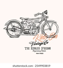 Vintage typography text print for vector art. Vintage Motors Slogan for vintage motorcycle t shirt design, hand drawn motor bike, Custom motorcycles. Hand drawn Motorcycle made in Los Angeles 