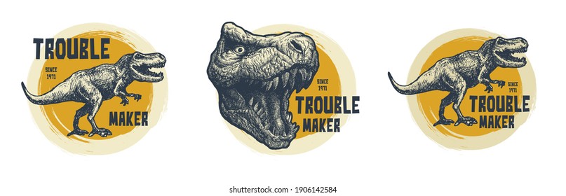 Vintage typography t-shirt graphics with trex face, vector illustration. Vector set.