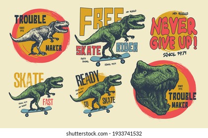 Vintage typography t-shirt graphics with trex, vector set.