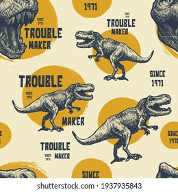 Vintage typography t-shirt graphics with trex. Vector seamless background.