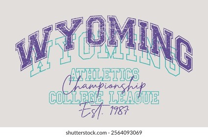 Vintage typography varsity america wyoming state athletics college league slogan print for retro graphic tee t shirt or sweatshirt hoodie - Vector