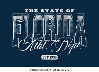 Vintage typography varsity college the state of athletic department text slogan print with halftone texture effect for graphic tee t shirt or sweatshirt hoodie - Vector