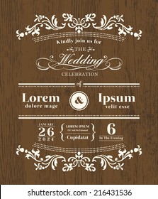 Vintage typography Wedding invitation design template on wooden background