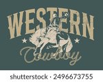 Vintage typography wild west texas rodeo western cowboy on horse illustration print with retro slogan text for graphic tee t shirt or poster - Vector