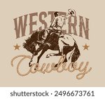 Vintage typography wild west texas rodeo western cowboy on horse illustration print with retro slogan text for graphic tee t shirt or poster - Vector