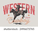 Vintage typography wild west texas rodeo western cowboy on horse illustration print with retro slogan text for graphic tee t shirt or poster - Vector