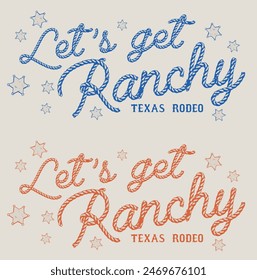 Antiguas tipografía wild west texas rodeo western ilustración de impresión con retro vamos a conseguir texto de eslogan ranchy y sheriff badge estrellas para camiseta gráfica o póster - Vector