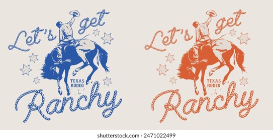 Vintage typography wild west texas rodeo western cowboy on horse illustration print with retro slogan text for graphic tee t shirt or poster - Vector