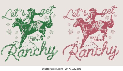 Antiguas tipografía wild west texas rodeo western cowboy en ilustración de caballo con texto de eslogan retro para camiseta gráfica o póster - Vector