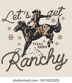 Antiguas tipografía wild west texas rodeo western cowboy en ilustración de caballo con texto de eslogan retro para camiseta gráfica o póster - Vector