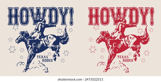 Vintage typography wild west texas rodeo western cowboy on horse illustration print with retro slogan text for graphic tee t shirt or poster - Vector