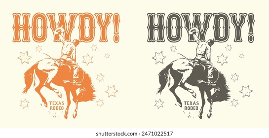 Vintage typography wild west texas rodeo western cowboy on horse illustration print with retro slogan text for graphic tee t shirt or poster - Vector