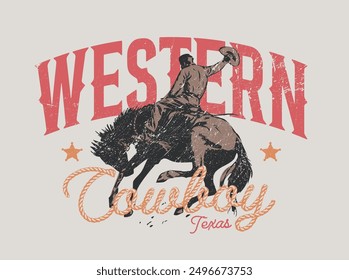 Vintage typography wild west texas rodeo western cowboy on horse illustration print with retro slogan text for graphic tee t shirt or poster - Vector