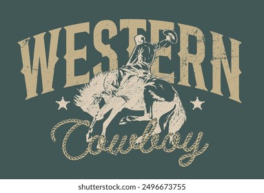 Vintage typography wild west texas rodeo western cowboy on horse illustration print with retro slogan text for graphic tee t shirt or poster - Vector