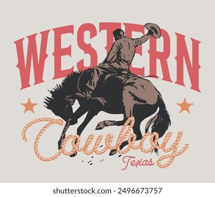 Vintage typography wild west texas rodeo western cowboy on horse illustration print with retro slogan text for graphic tee t shirt or poster - Vector