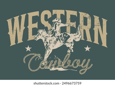 Vintage typography wild west texas rodeo western cowboy on horse illustration print with retro slogan text for graphic tee t shirt or poster - Vector