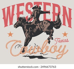 Vintage typography wild west texas rodeo western cowboy on horse illustration print with retro slogan text for graphic tee t shirt or poster - Vector