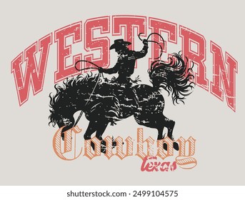 Vintage Typografie wilde West Texas Rodeo Western Cowboy auf Pferd Illustration Print mit Retro-Slogan Text für grafische T-Shirt oder Poster - Vektor