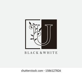Vintage U Letter Leaves Logo. Black and White U With Square and Classy Leaves Shape design perfect for fashion, Jewelry, Beauty Salon, Cosmetics, Spa, Hotel and Restaurant Logo. 
